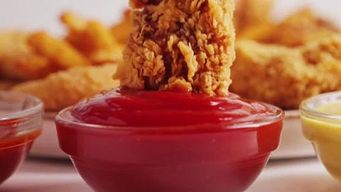 Close up shot of hand dipping wings into ketchup. Tasty set of french fries Stock Footage 321053913