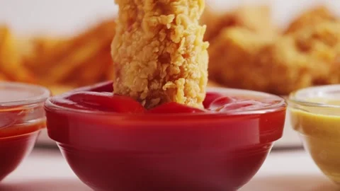 Close up shot of hand dipping wings into wings. Tasty set of french fries Stock Footage 335685121