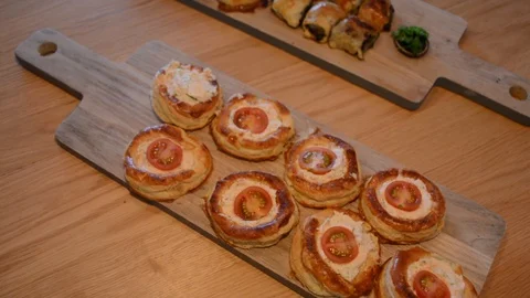 Close shot of hand picking up typical french savoury pastry vol-au-vent Stock-Footage 114886268