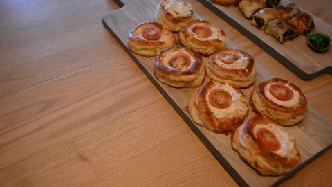 Close shot of hand picking up typical french savoury pastry vol-au-vent Stock-Footage 114886275