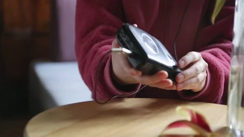 Close-up shot on hand pressing button on retro cassette player. Stock Footage 104820832
