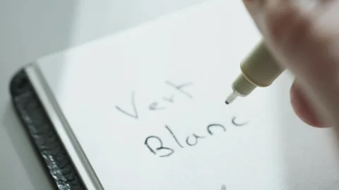 Close up shot of a hand writing words vert blanc brun in a notebook on a Stock Footage 247985747