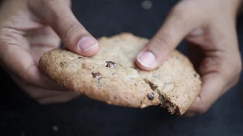 Close up shot of hands breaking a delicious chocolate chip cookie in half, .. Stock Footage 333033775