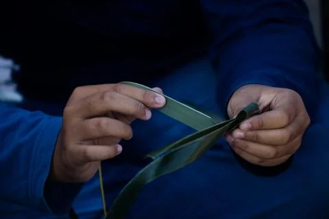 Close Up Shot of Hands Shaping Fresh Green Leaf Strips into Blades of Tradi.. Foto stock