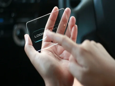 Close up shot hands of woman using clear glass smart phone with gps navigator Stock Footage 77413674