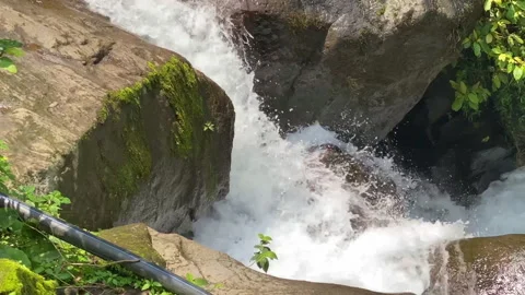 Close up shot of a heavy water falling from cliff to bottom through moss stone Stock Footage 259178302
