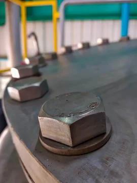A close-up shot of a hexagonal bolt head, fastening a metal plate Stock Photos