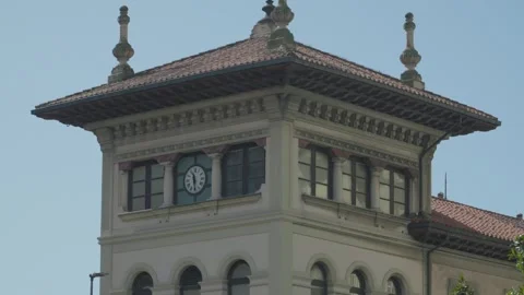 Close Up Shot Of Historical Clock Tower And Roof Architecture In Gijon Stock Footage 344510740