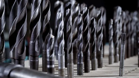 Close-up shot of a huge set of drill beats, professional equipment. Stock Footage 94996274