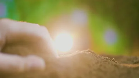 A close-up shot of human hands holding a clump of fertile soil, through the Stock Footage 267060069