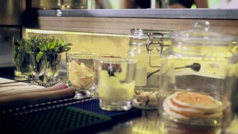 Close up shot of the ingredients that stand on the bar counter, spices, berries Stock Footage 78000548