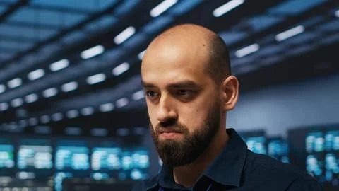 Close up shot of IT engineer safeguarding supercomputers against threats Foto stock
