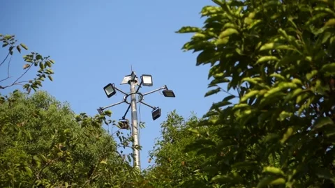 A close up shot of a lamp post surrounded by green trees in an Indian garden. Stock Footage 262062560