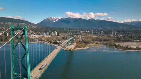 Close up shot of the lions gate bridge in Vancouver canada Stock Footage 239074016