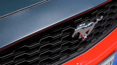 Close Up Shot Of Logo And Headlamp Of Ford Mustang Stock Footage 89538128
