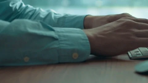 Close-up shot of male code developer hands typing, working behind office table Stock Footage 119422596