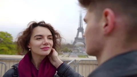 Close-up shot of a man gently stroking woman's cheek, beloved girlfriend, foggy Stock Footage 98895747