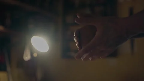 Close up shot man hands kneading and beating lump of white clay. Human arms Stock Footage 254854526