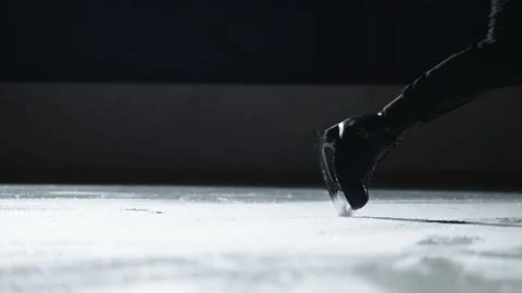 Close-up shot of a man performs a jump backwards on skates. ice sparks fly out Видео 155270828