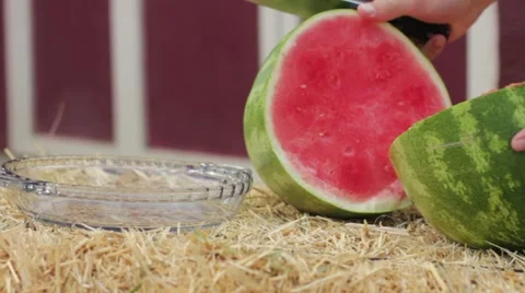Close up shot of a man slicing open a fresh seedless watermelon Video stock 12449208