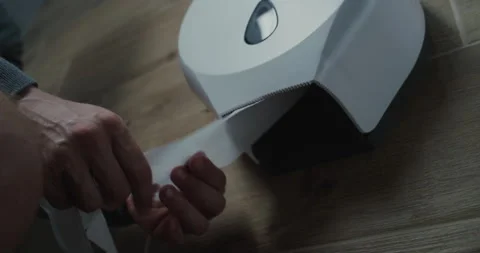 Close Up Shot of Man Unrolling and Taking Toilet Paper, Sitting on Toilet Stock Footage 317536702