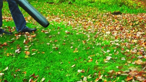 Close up shot of a man using a leaf blower in a garden Stock Footage 230915877