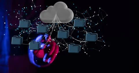 Close up shot of a man's hand touching data cloud digital 3d render computer Stock Photos