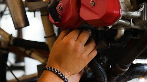 Close up shot as mans hands fix the engine of light plane 스톡 동영상 115894588
