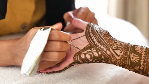 Close-Up Shot Of Mehendi Henna Application Process On Female's Hand. Stock Footage 206018750