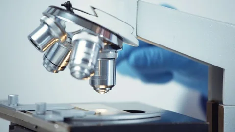 Close-up shot of a microscope at laboratory. Stock Footage 82319121