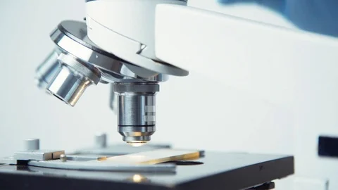 Close-up shot of a microscope at laboratory. Stock Footage 82323151