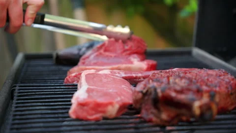 Close-up shot of a mixed grill sizzling on a barbecue at a backyard or roadside Stock Footage 289574872