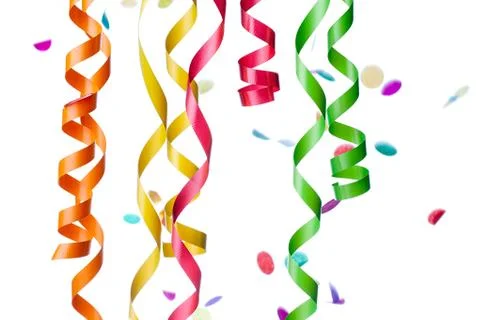Close-up shot of multi colored confetti and streamers over plain white backgr Stock Photos