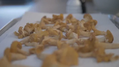 Close-Up shot of mushrooms placed on baking sheet and oven rack Video stock 114842339