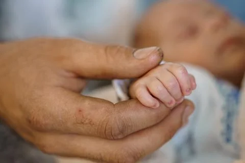 Close-up shot of a newborn babys tiny hand gripping a father's rough, texture 写真素材