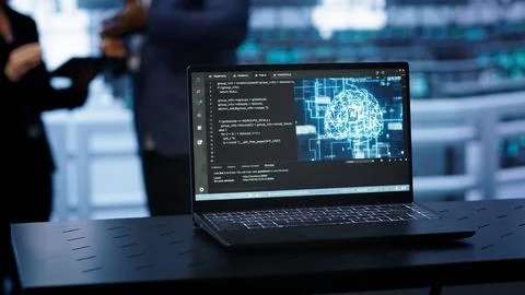 Close up shot of notebook displaying AI machine learning algorithms Stock Photos