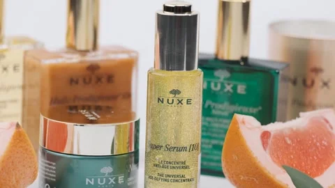 Close up shot of Nuxe multi-purpose dry oil, face,body and hair Video stock 261266878
