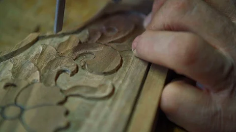 Close up shot of an oak plank while being carved. Stock Footage 103605448
