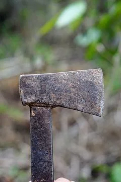 A close-up shot of an old rusty iron axe head against a blurred forest Stock Photos