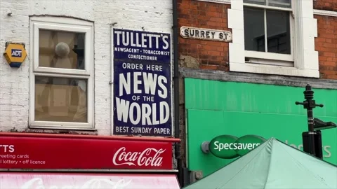 Close shot of old Tullets sign, Surrey Street, Croydon, 4K Stock Footage 171408749