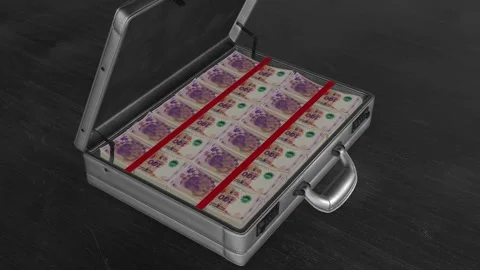 Close-up shot of an open metallic briefcase filled with neatly stacked 100 .. Stock Footage 318394680