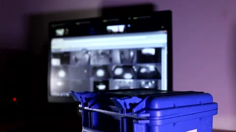 Close up shot open small blue high security level bulletproof case and take tech Stock Footage 132675138