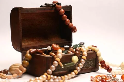 Close Up Shot of Open Wooden Box with Joyful Colors Of Jewellery Beads Stock Photos