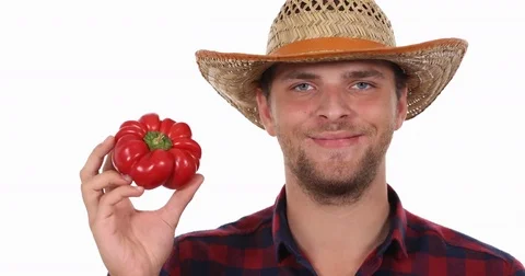 Close Up Shot of Optimistic Handsome Farmer Man Hold a Red Pepper Positive Look Stock Footage 81492989