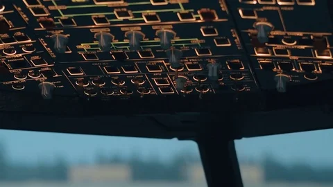 Close shot of overhead panel of modern aircraft with control buttons and knobs.  스톡 동영상 71825063