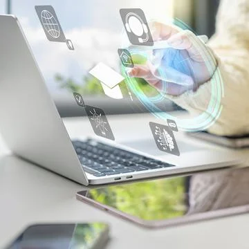 A close-up shot of a person using a digital pen on a touchscreen with holog.. Stock Photos
