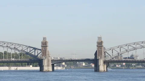Close shot of Peter the Great Bridge in the summer - St Petersburg, Russia Stock Footage 81894282