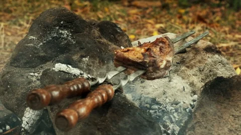 A close-up shot of a piece of meat being grilled over a campfire. The meat .. Stock Footage 300890693