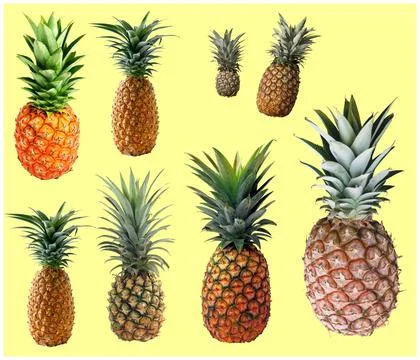 A close up shot of pine apple fruit isolated on yellow background. Stock Photos