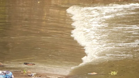 Close shot of polluted water flowing, View of polluted water flowing in river Video stock 148540893